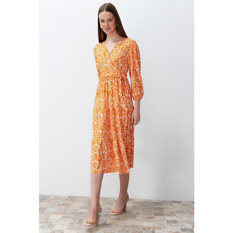 Trendyol Orange Sash Detail Double Breasted Skater/Waist Open Knitted Maxi Dress