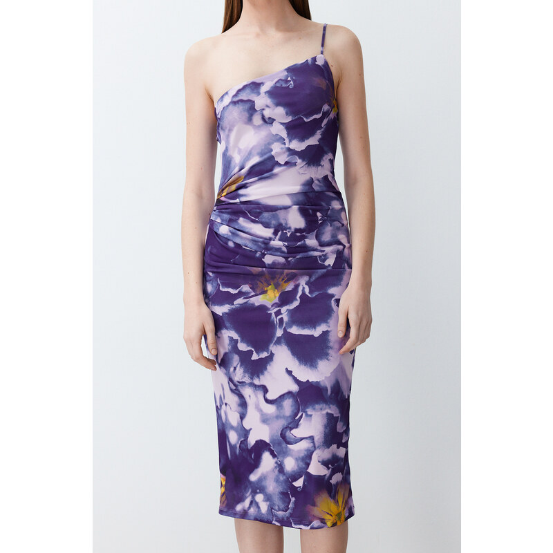 Trendyol Limited Edition Purple Printed Fitted Midi One Shoulder Stretch Knitted Dress