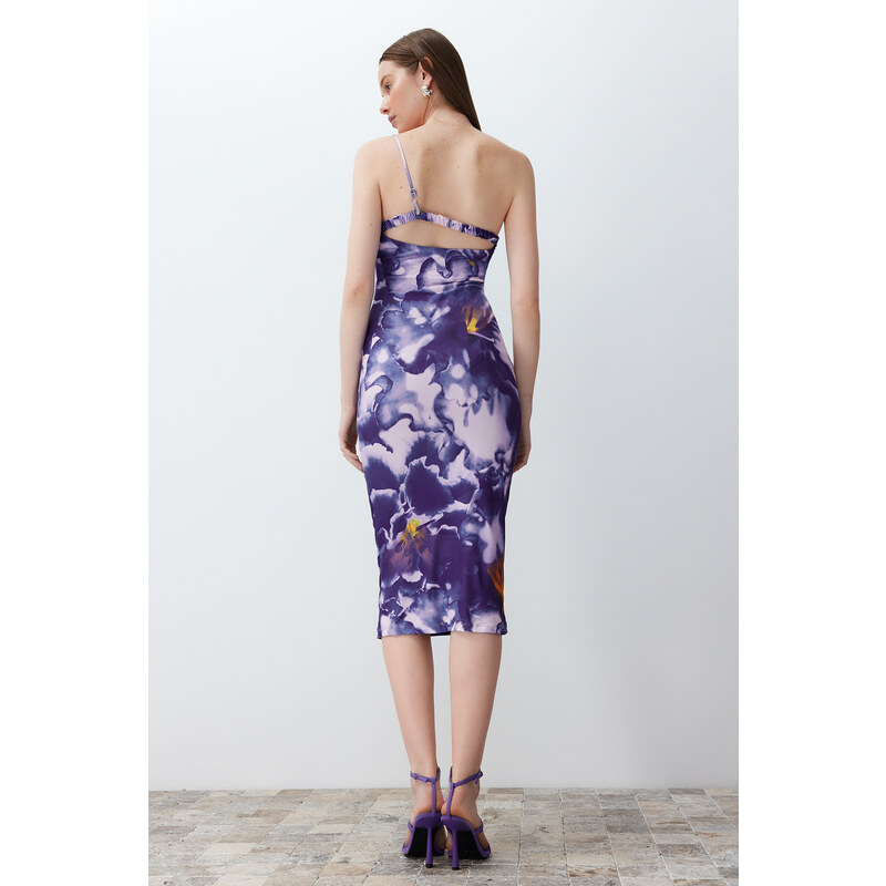 Trendyol Limited Edition Purple Printed Fitted Midi One Shoulder Stretch Knitted Dress