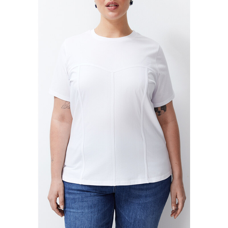 Trendyol Curve White Piping Detailed Knitted T-shirt