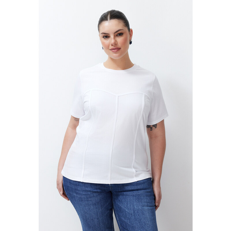 Trendyol Curve White Piping Detailed Knitted T-shirt
