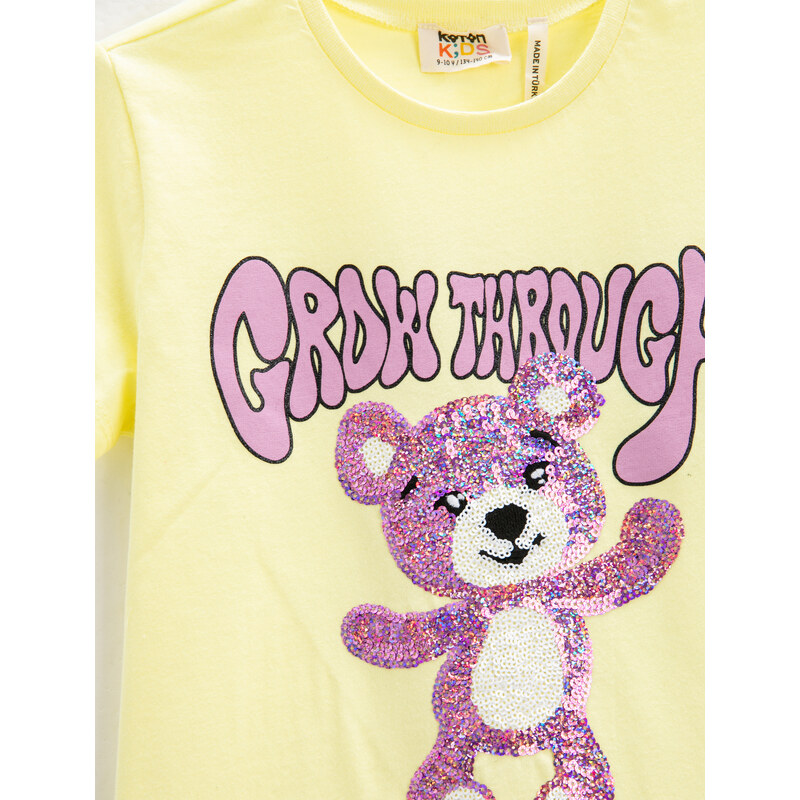 Koton T-Shirt Teddy Bear Printed Sequin Embroidered Short Sleeve