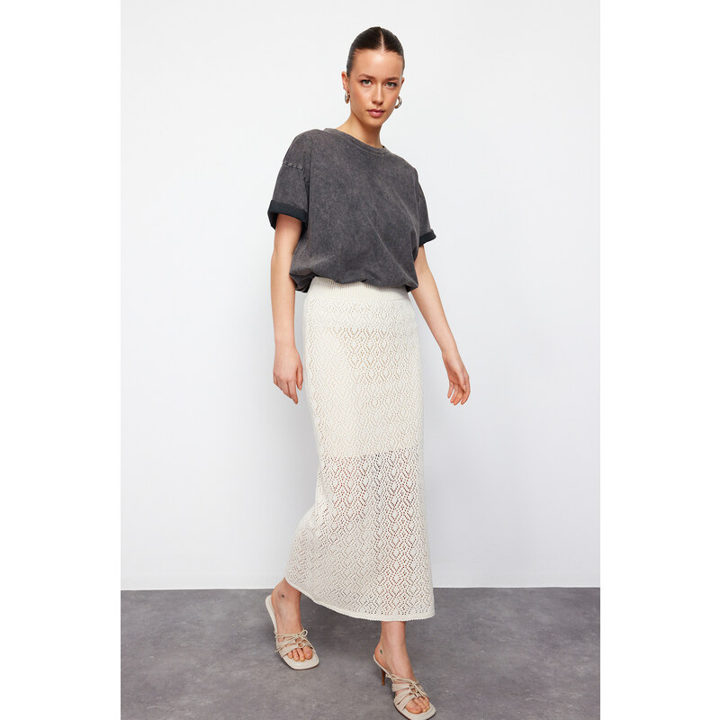 Trendyol Stone Midi Lined Openwork/Perforated Knitwear Skirt