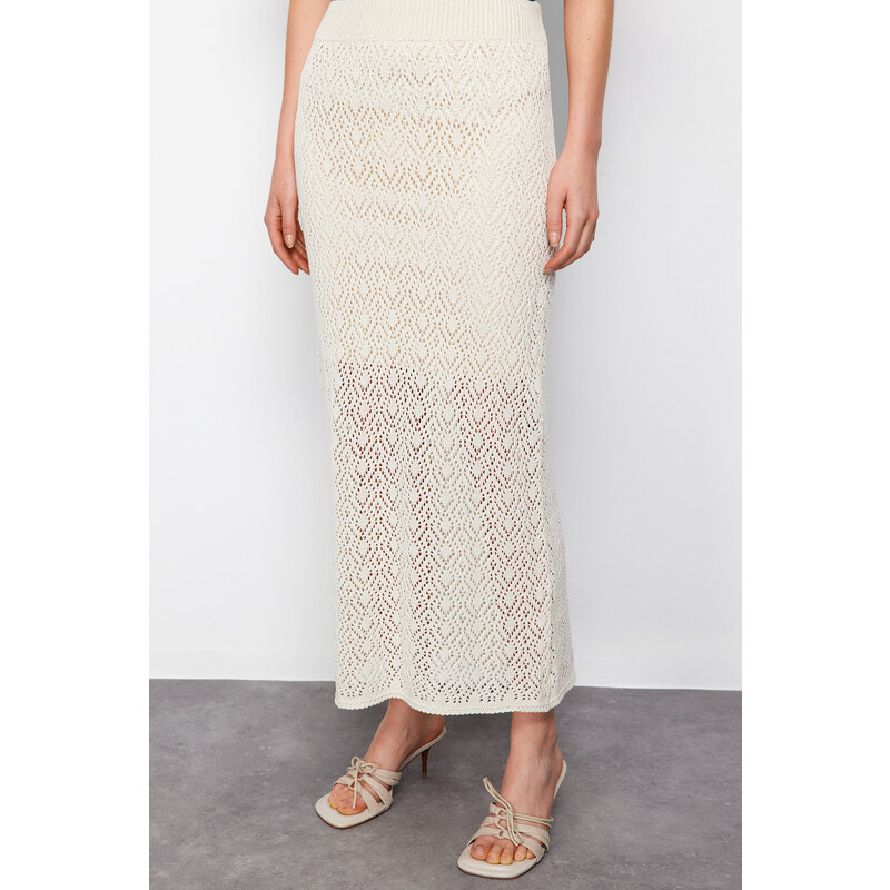 Trendyol Stone Midi Lined Openwork/Perforated Knitwear Skirt