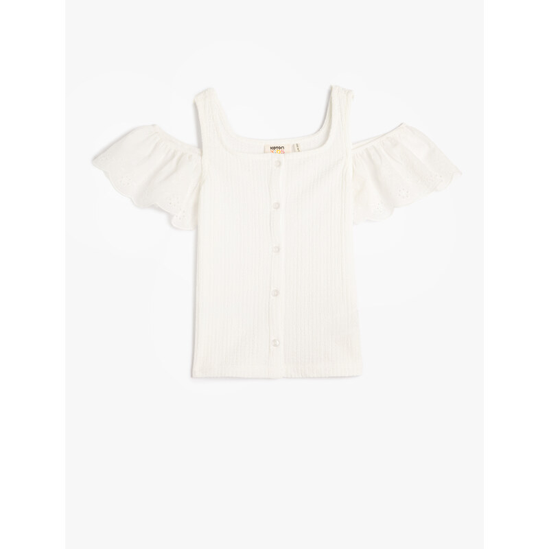 Koton T-Shirts With Frills Window Detail Buttons Round Neck Textured.