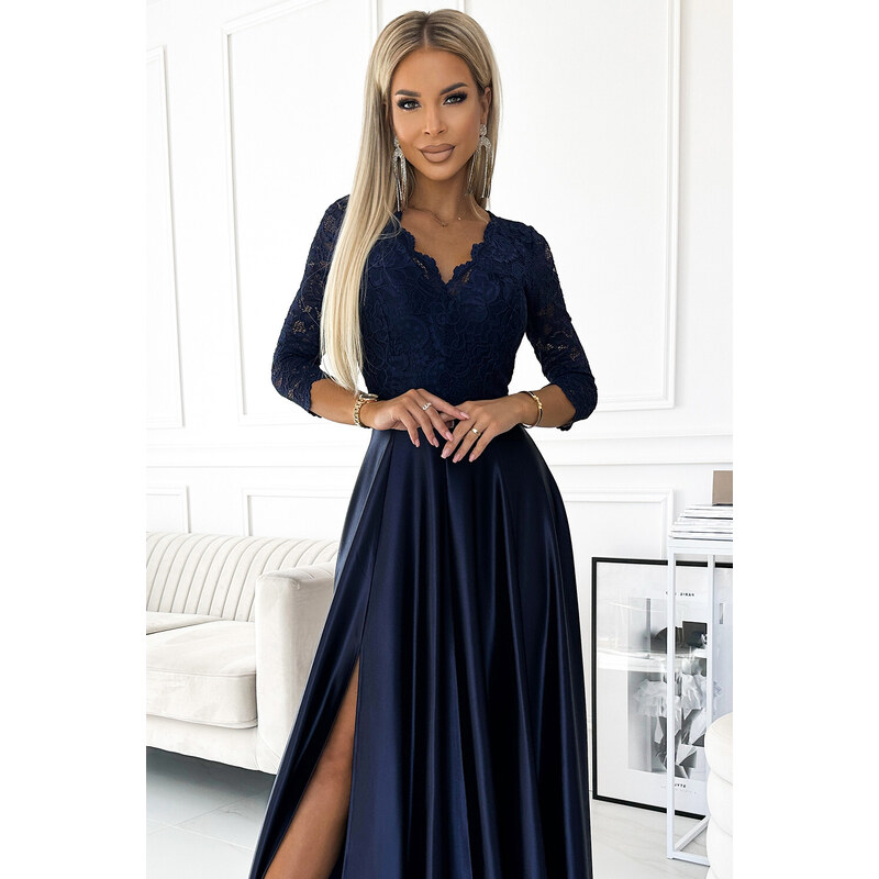 Tmavě modré dlouhé dámské šaty s výstřihem model 19006822 - numoco