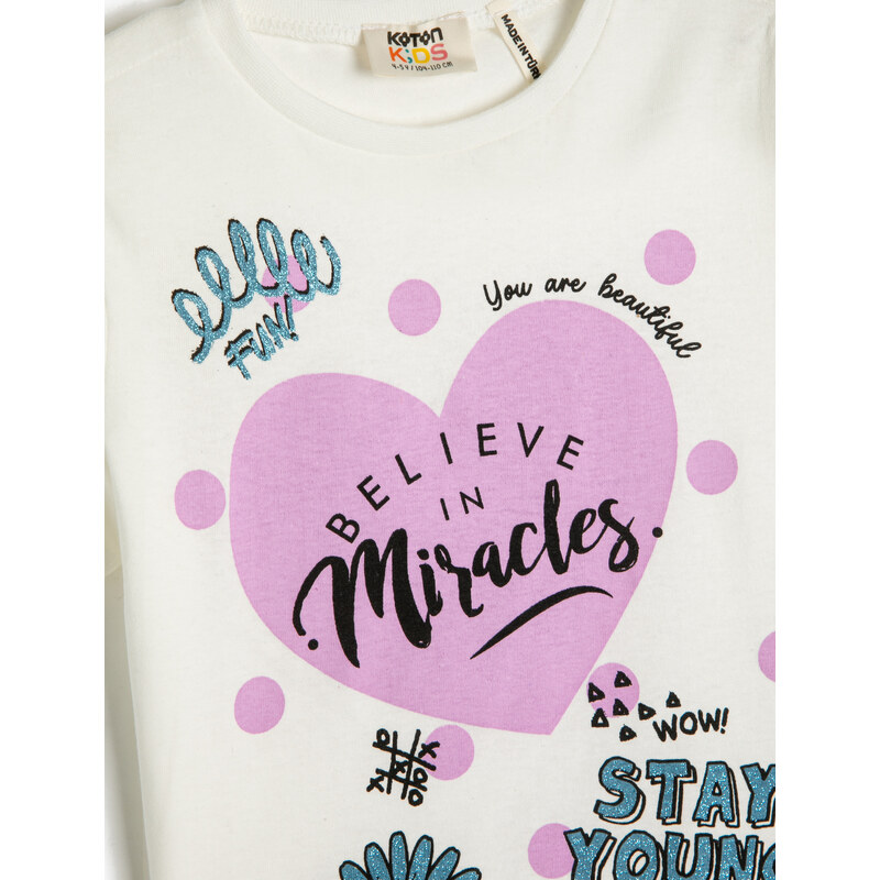Koton Short-Sleeve T-shirt with Hearts and Silvery Crew Neck Cotton