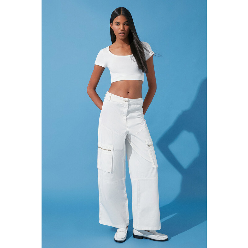 Trendyol White Zipper Detail High Waist Wide Leg Jeans