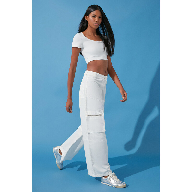 Trendyol White Zipper Detail High Waist Wide Leg Jeans