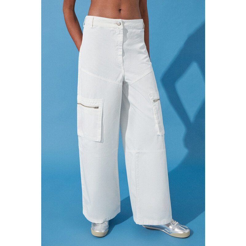 Trendyol White Zipper Detail High Waist Wide Leg Jeans