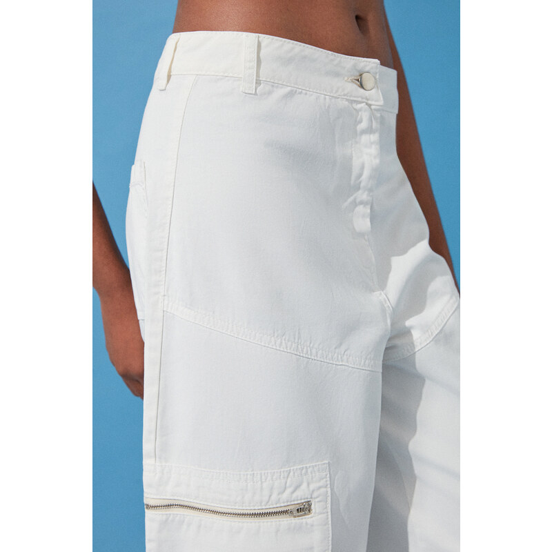 Trendyol White Zipper Detail High Waist Wide Leg Jeans