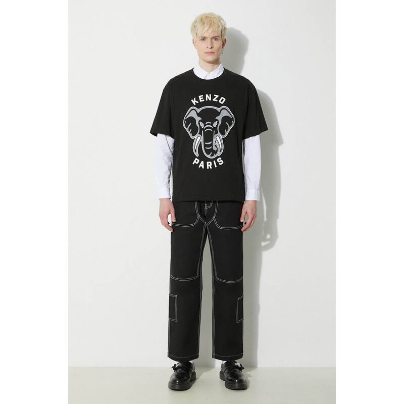 Bavlněné tričko Kenzo Oversized T-Shirt černá barva, s potiskem, FD65TS0064SG.99J