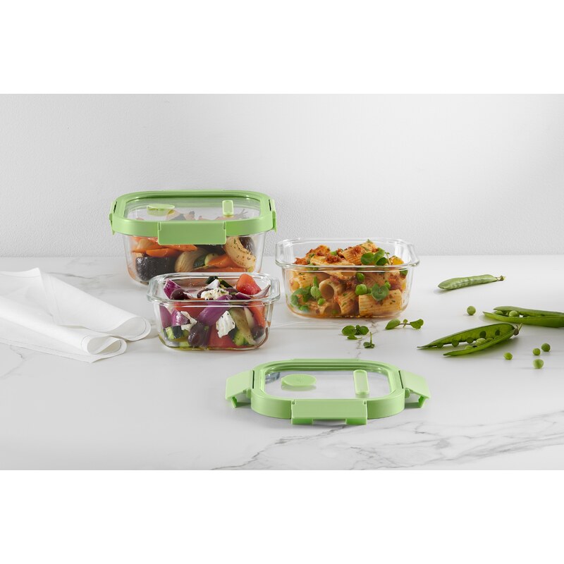 Lékué, Sada skleněných obdélníkových dóz na potraviny Rectangular Glass Set | zelená