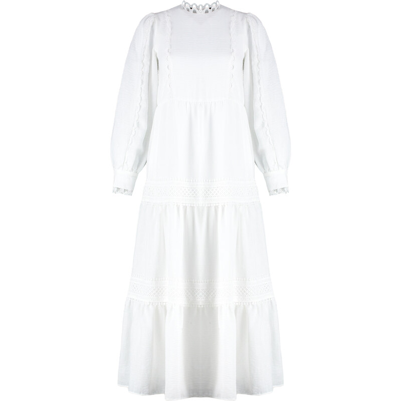 Trendyol White Lined Embroidery Detailed Woven Dress