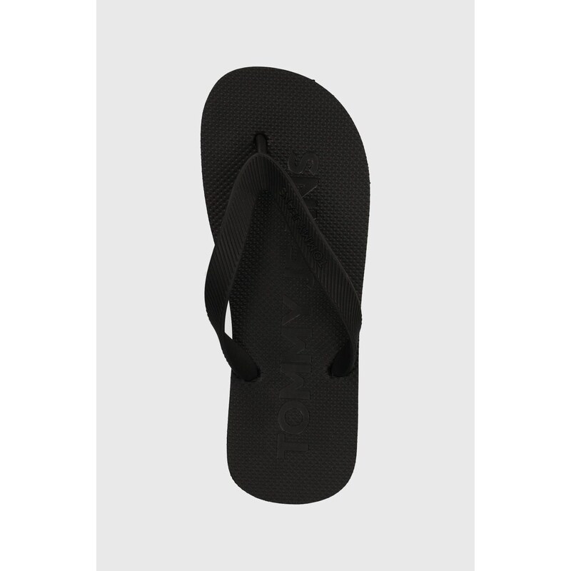 Žabky Tommy Jeans TJW LOGO FLIP FLOP dámské, černá barva, na plochém podpatku, EN0EN02447