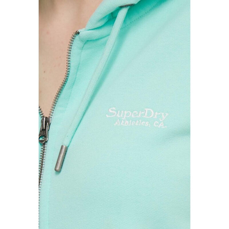 Mikina Superdry dámská, tyrkysová barva, s kapucí, s aplikací