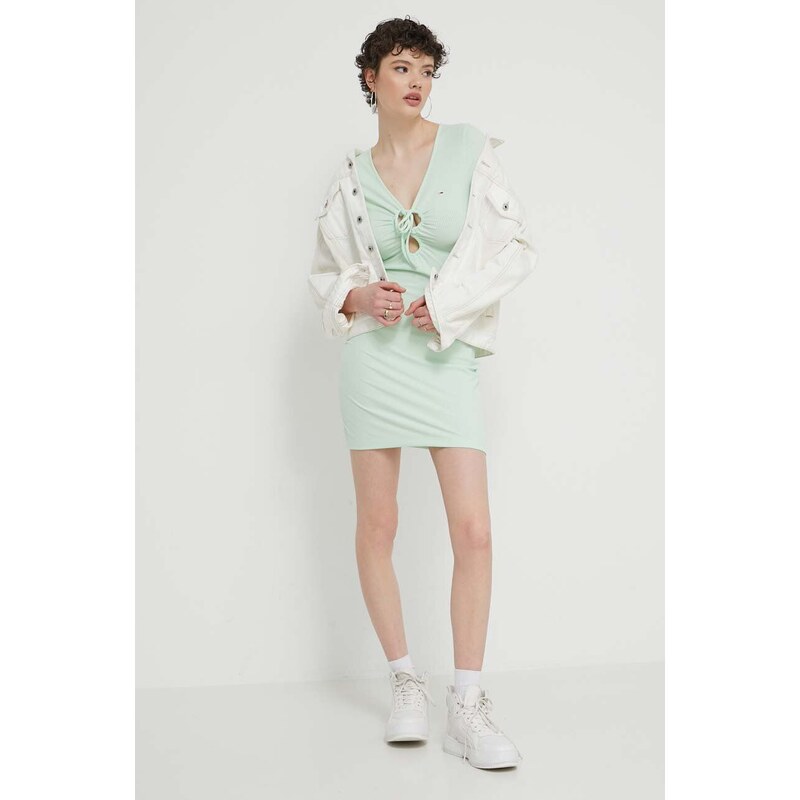 Šaty Tommy Jeans zelená barva, mini, DW0DW17953