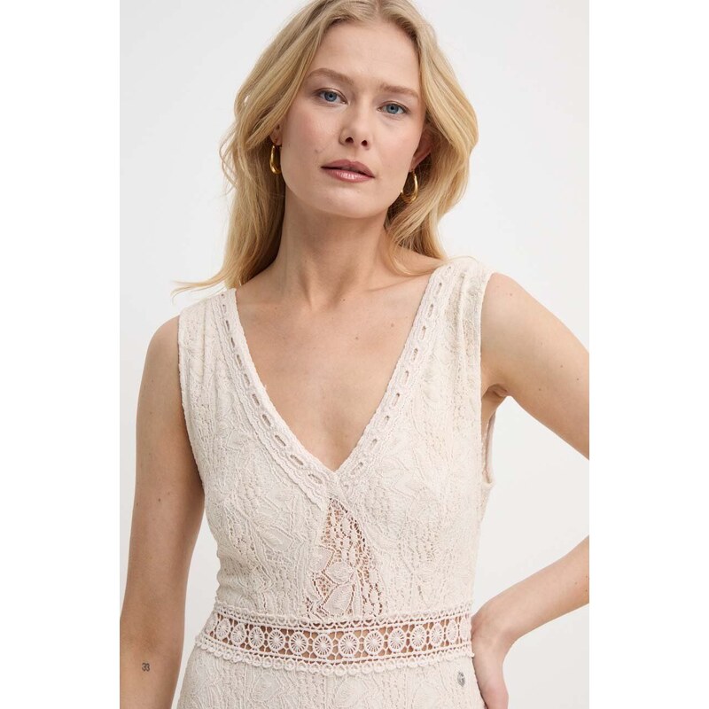 Šaty Guess LACE béžová barva, maxi, W4GK21 KBP90