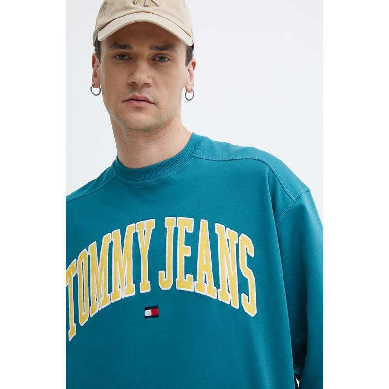 Bavlněná mikina Tommy Jeans pánská, tyrkysová barva, s potiskem, DM0DM18628