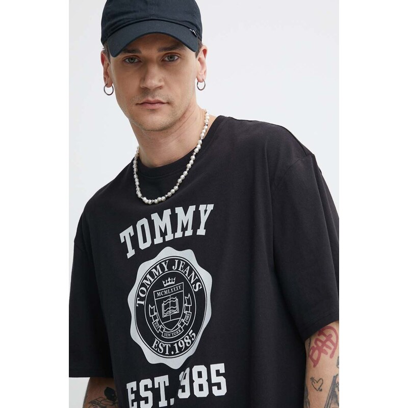 Bavlněné tričko Tommy Jeans černá barva, s potiskem, DM0DM18560