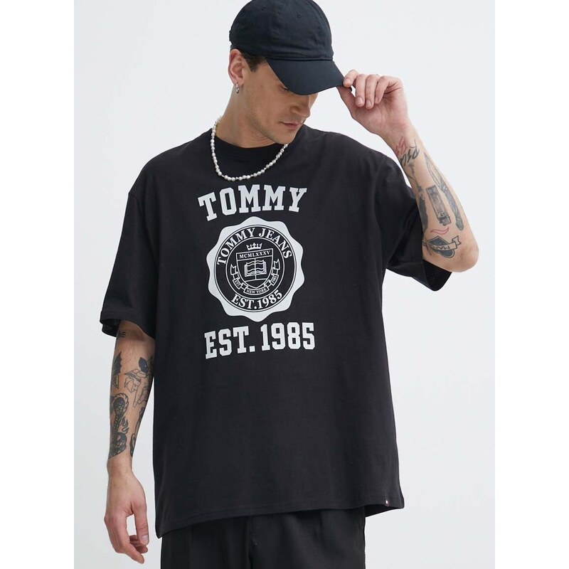 Bavlněné tričko Tommy Jeans černá barva, s potiskem, DM0DM18560