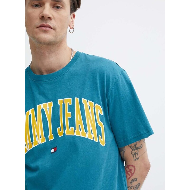 Bavlněné tričko Tommy Jeans tyrkysová barva, s potiskem, DM0DM18558