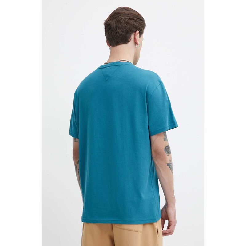 Bavlněné tričko Tommy Jeans tyrkysová barva, s potiskem, DM0DM18558