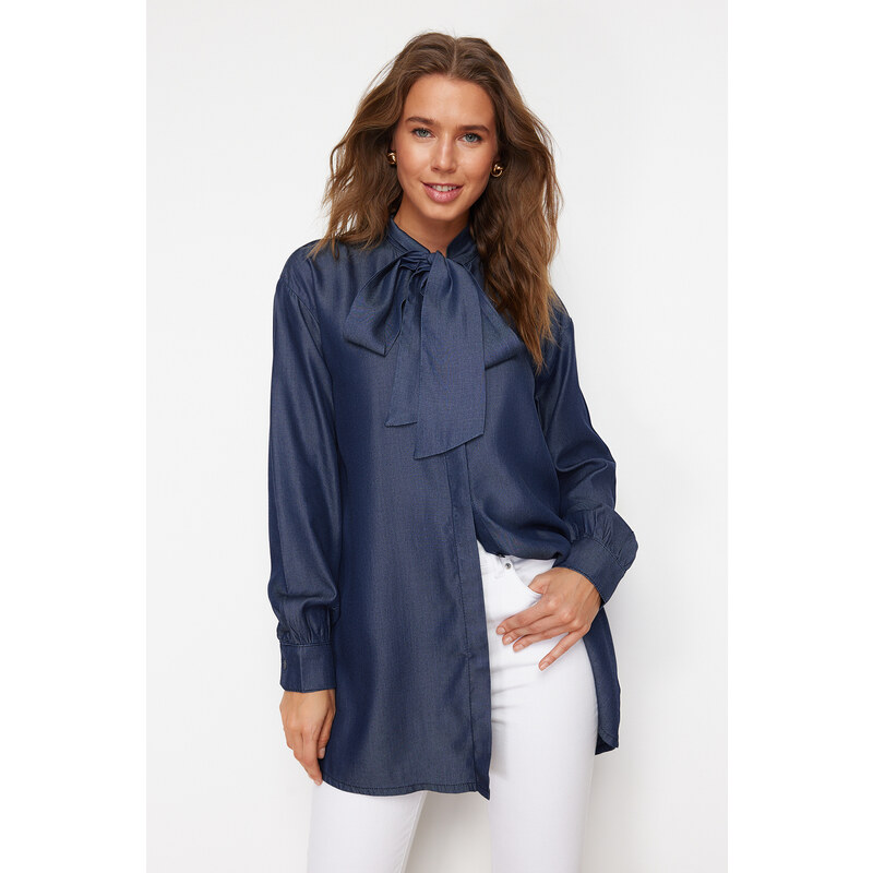 Trendyol Blue Denim Modest Oversize Shirt with Tie Detail 107076396
