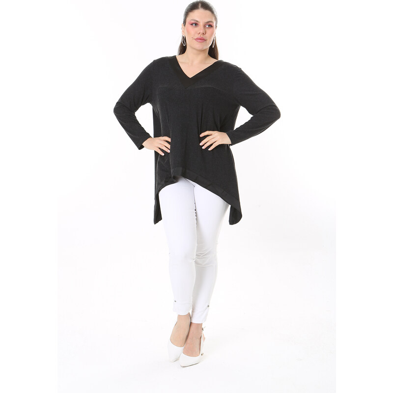 Şans Women's Plus Size Anthracite Neck And Hem Satin Long Sleeve Blouse