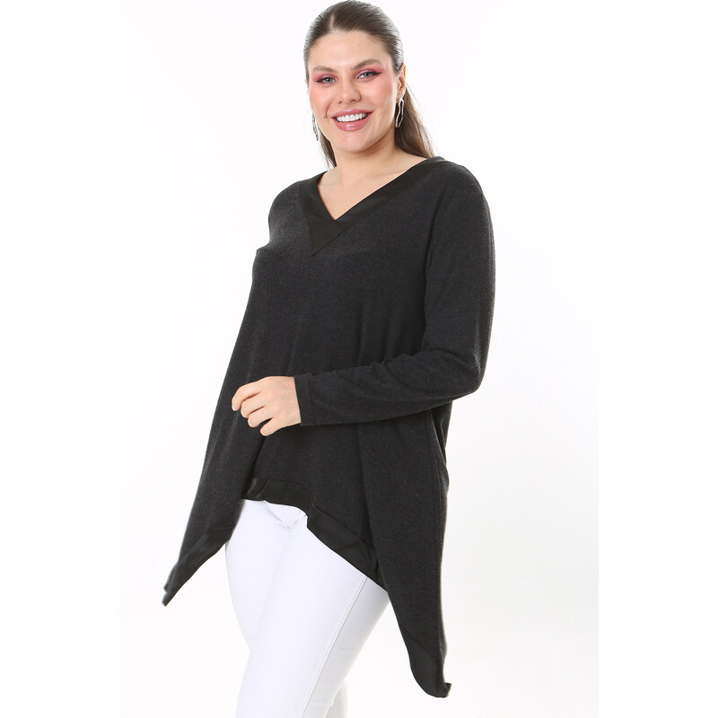 Şans Women's Plus Size Anthracite Neck And Hem Satin Long Sleeve Blouse