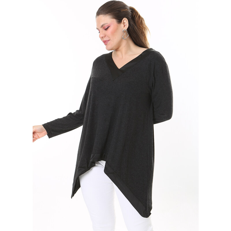 Şans Women's Plus Size Anthracite Neck And Hem Satin Long Sleeve Blouse