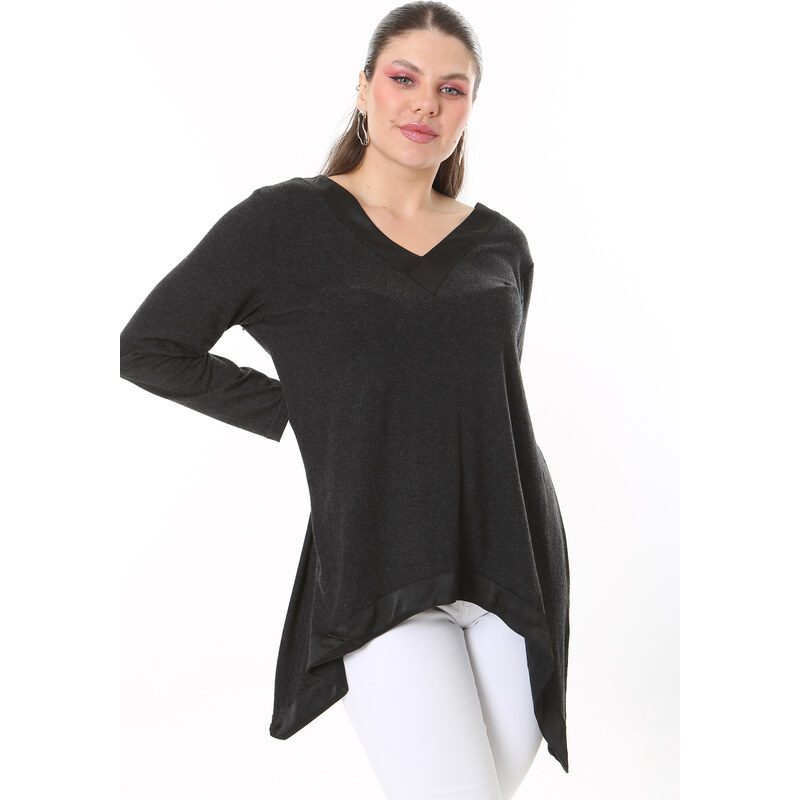 Şans Women's Plus Size Anthracite Neck And Hem Satin Long Sleeve Blouse