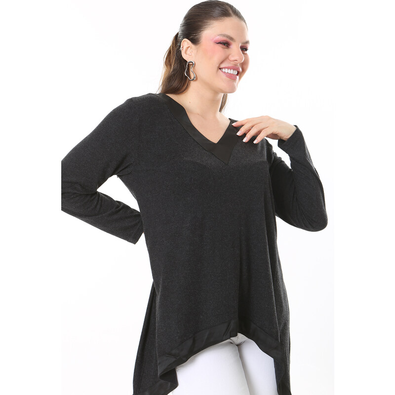 Şans Women's Plus Size Anthracite Neck And Hem Satin Long Sleeve Blouse