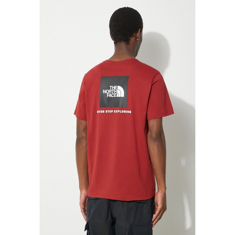 Bavlněné tričko The North Face M S/S Redbox Tee vínová barva, s potiskem, NF0A87NPPOJ1
