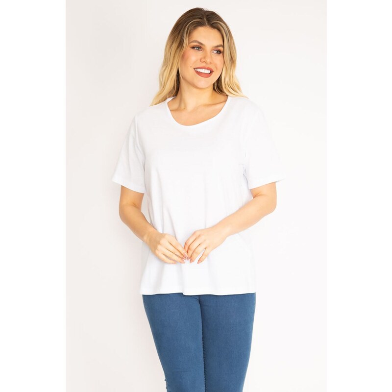 Şans Women's Plus Size White Cotton Fabric Crew Neck Blouse