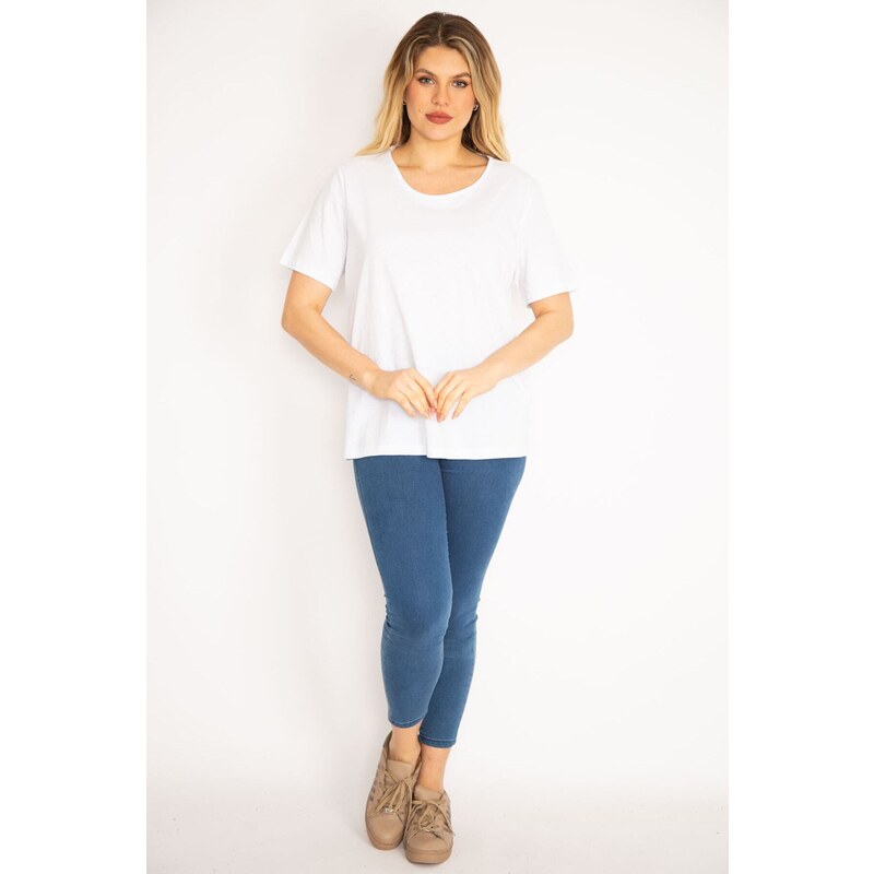 Şans Women's Plus Size White Cotton Fabric Crew Neck Blouse