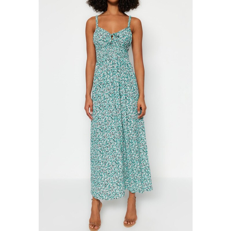 Trendyol Green Floral Print Straight Cut Tie Detailed Strappy Woven Dress