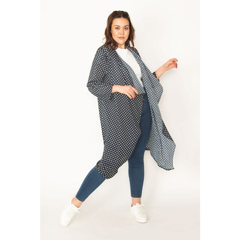 Şans Women's Plus Size Navy Blue Points Pattern Crepe Cardigan