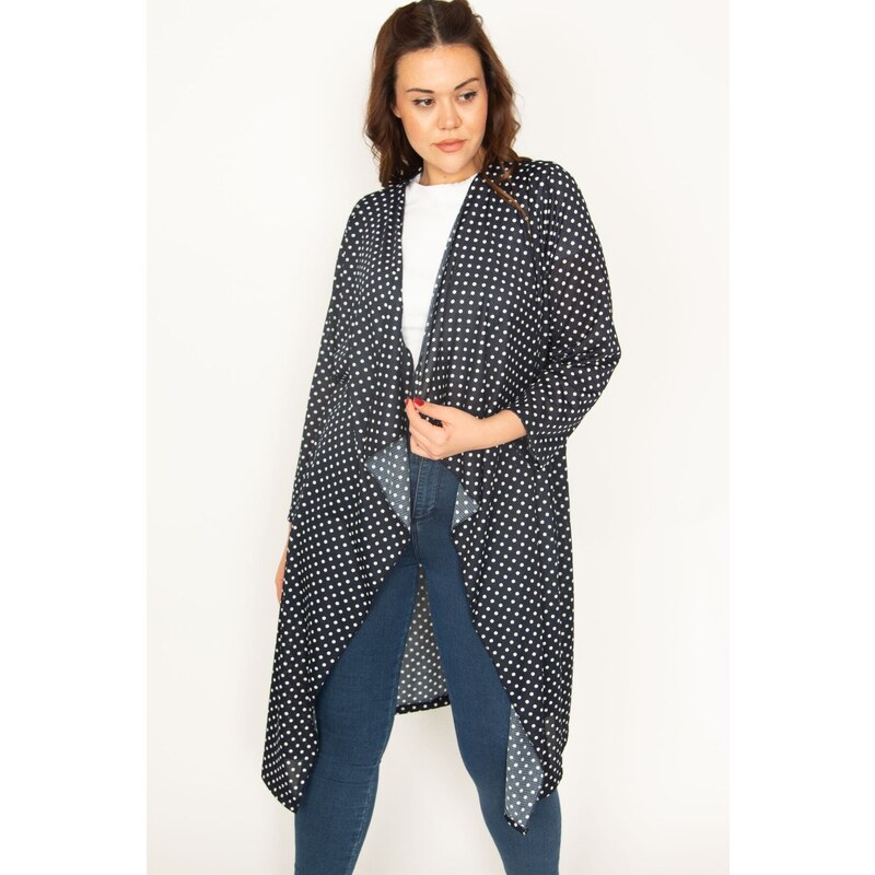 Şans Women's Plus Size Navy Blue Points Pattern Crepe Cardigan