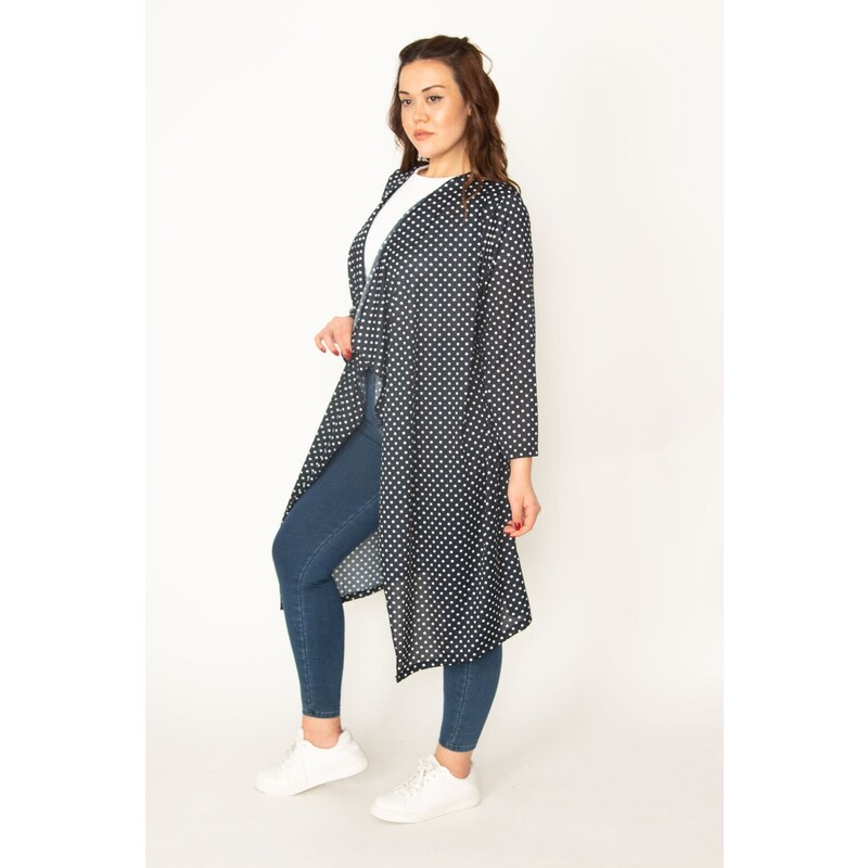 Şans Women's Plus Size Navy Blue Points Pattern Crepe Cardigan