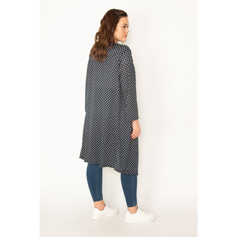 Şans Women's Plus Size Navy Blue Points Pattern Crepe Cardigan