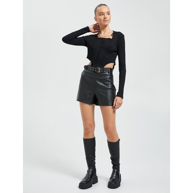 Koton Long Sleeve T-Shirt Choker Collar Chain Detailed Corset Look