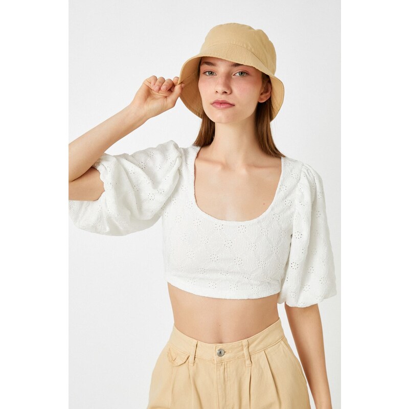 Koton Embroidered Crop T-Shirt U-Neck