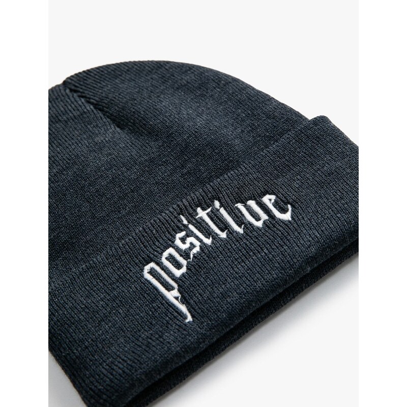 Koton Basic Knit Beanie Hat with Slogan Embroidered Fold Detail.