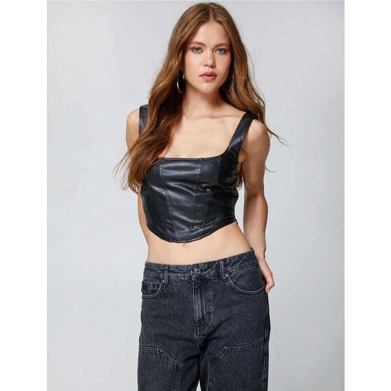 Koton Leather Look Top Crop Square Neck