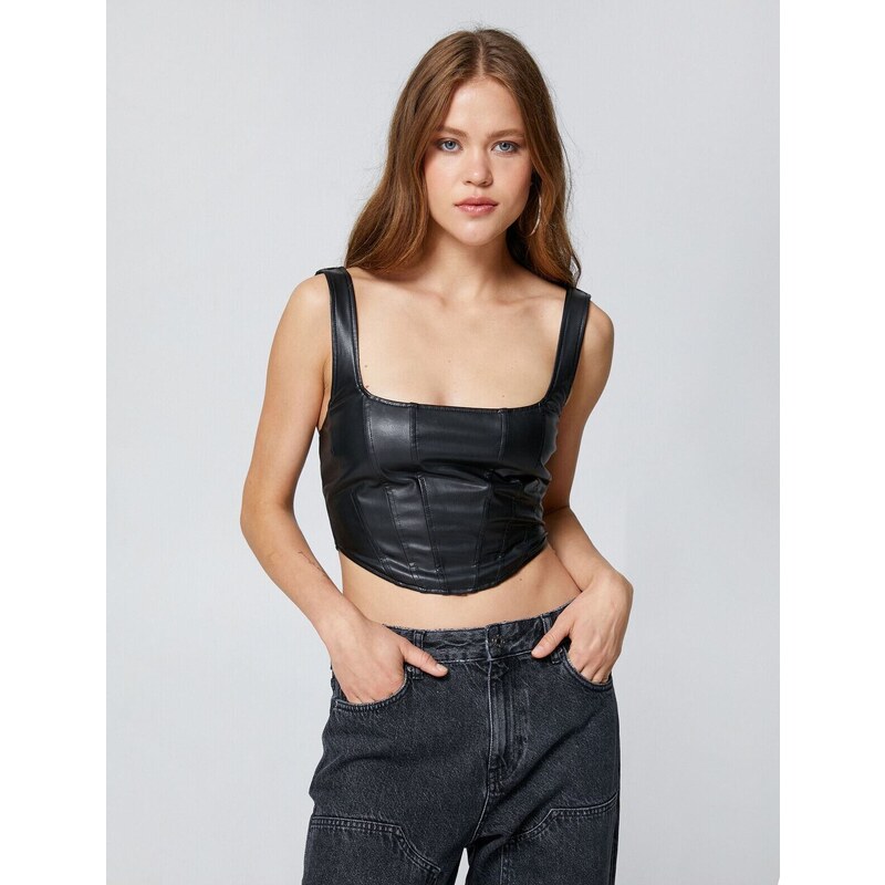 Koton Leather Look Top Crop Square Neck