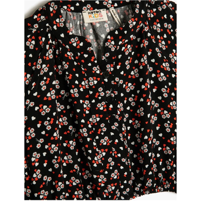 Koton Floral Round Neck Buttoned Long Sleeve Elastic Cuff