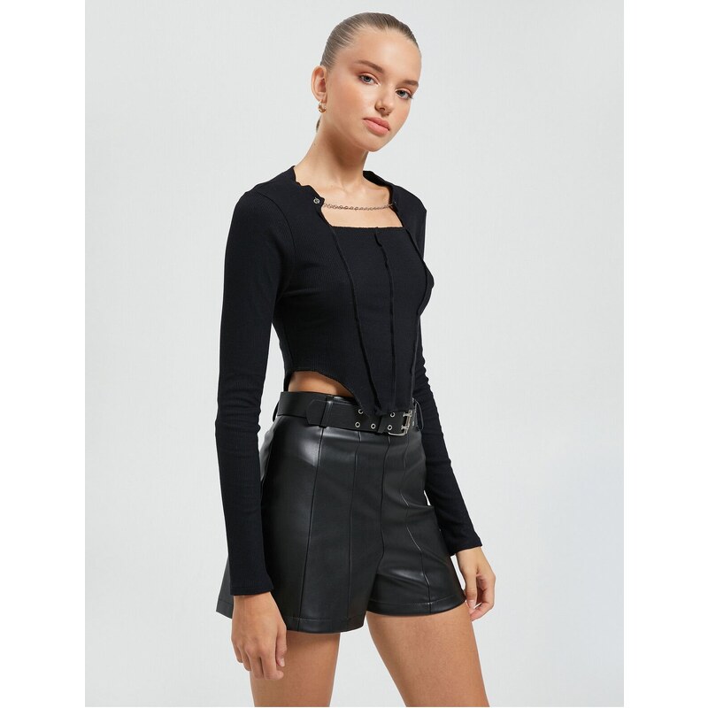 Koton Long Sleeve T-Shirt Choker Collar Chain Detailed Corset Look