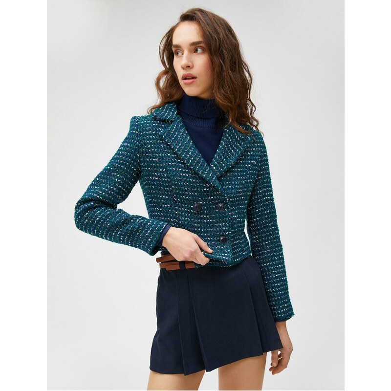 Koton Crop Blazer Tweed Buttoned Lined