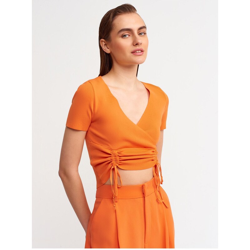 Dilvin 10194 Double-breasted Collar Pleated Front Tricot Crop-orange
